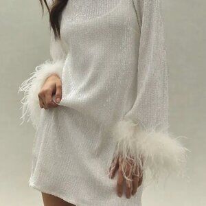 Hutch Alissa Faux Feather Long-Sleeve Sequin Mini Dress - Anthropologie - Bridal